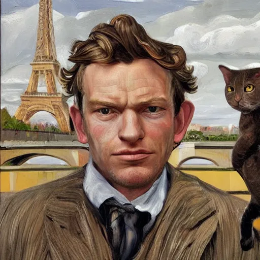 Prompt: high quality high detail painting by lucian freud, hd, ewan mcgregor painting a canvas on easel by river seine dressed as a gentleman in paris at early 2 0 th century. brown cat with him