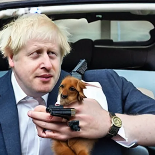 Image similar to dog holding a gun, aiming at boris johnson