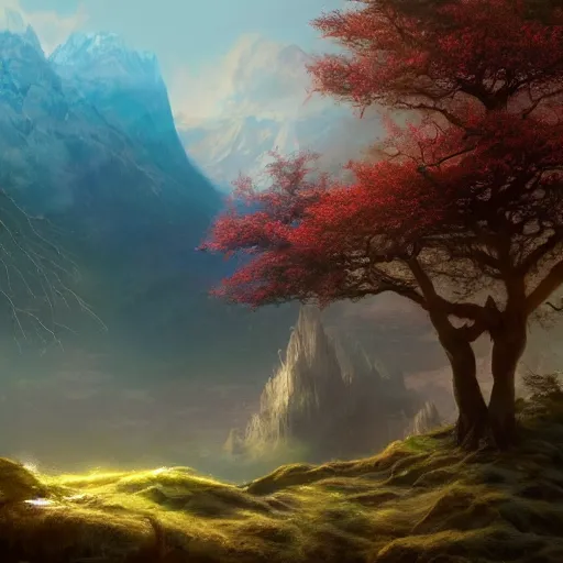 Prompt: The most beautiful realistic matte painting of a glowing divine tree surrounded by mountains, fantasy, dream-like, artstationHQ