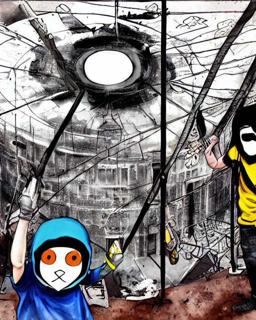 Image similar to manga color drawing of two hooded kids with gas masks hanging in ropes paint a giant anarchist graffiti on the dome of the capitol building, epic photography, dystopin future , 8k