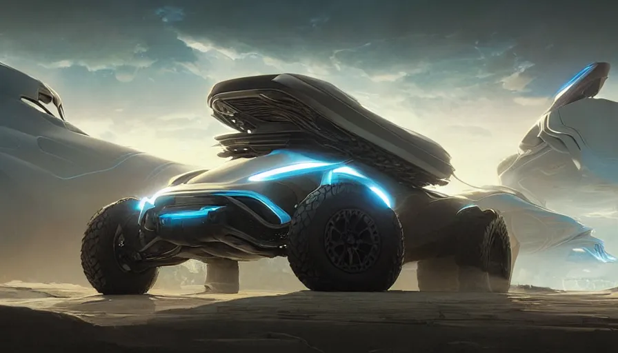 Image similar to a futuristic offroad suv by artgerm and greg rutkowski and alphonse mucha, zaha hadid, an epic fantasy, volumetric light, detailed, octane render, midsommar