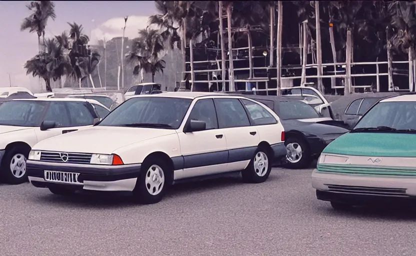 Image similar to vhs footage of a 1995 volvo car parked in the parking lot of a beach