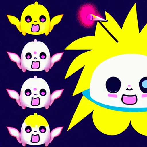 Image similar to kawaii wacky fluffy popcorn with lightning bolt power, yokai, in the style of a mamashiba, with a yellow beak, with a toroidal energy field, with a smiling face and flames for hair, sitting on a lotus flower, white background, simple, clean composition, symmetrical, suitable for use as a logo