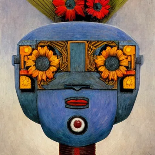 Image similar to painting of an android robot wearing a mask made of flowers, by annie swynnerton and diego rivera and ( ( tino rodriguez ) ), symbolist, dramatic lighting, elaborate geometric ornament, art brut, soft cool colors, smooth, sharp focus, extremely detailed, adolf wolfli