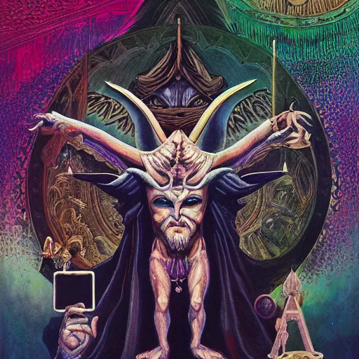 Prompt: a detailed occult painting of baphomet pointing up, cenobyte, hexglow, contracept, wildcards, denizens, matte painting, glowing eyes, felipe pantone, pascal blanche, pascal blanche, mohrbacher, blanche, and across the face portrait, big daddy ross painting, wide shot, an expansive view of the sun, intricate details, epic, dramatic, cinematic lighting, hyperrealistic, skeletal, elaborate, furniture, dreamy, machine, robot, cardboard, dark, inception, cinematic lighting, surrealism style, muted colors, soft tones, pastel colors, ornate in the dnd art style on album cover, unreal