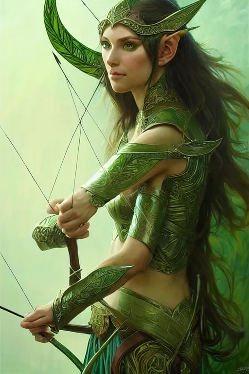 Image similar to female elven Archer armor made of green leaves, fantasy, amber eyes, face, long hair, intricate, elegant, highly detailed, digital painting, artstation, concept art, smooth, sharp focus, illustration, art by artgerm and greg rutkowski and alphonse mucha