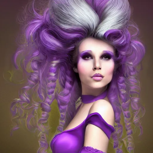 Prompt: Glam hair, rococo, 80s hair, Elf with purple skin, androgynous man, feminine man, alien skin, purple elf, purple, purple-skinned elf, yellow hair, hairspray, big hair, wild hair, glam make-up, 80s, illustration, fantasy art, trending on ArtStation, 1980s fantasy art