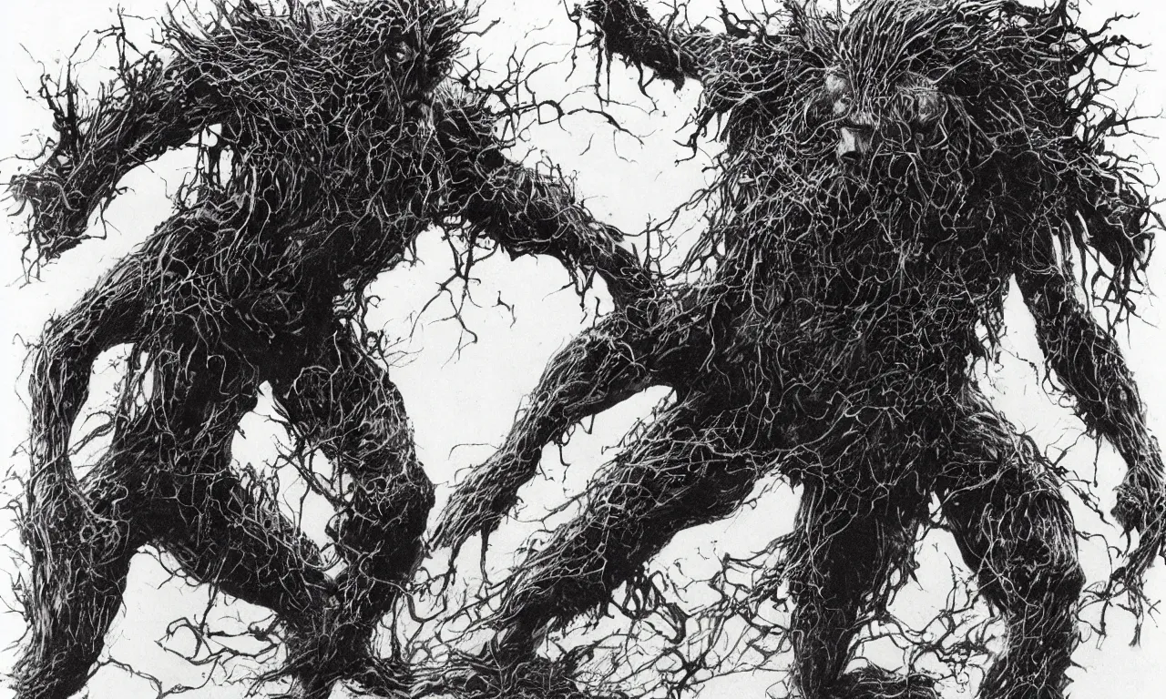 Prompt: swamp thing in a dynamic action pose, forward angle, by stephen gammell