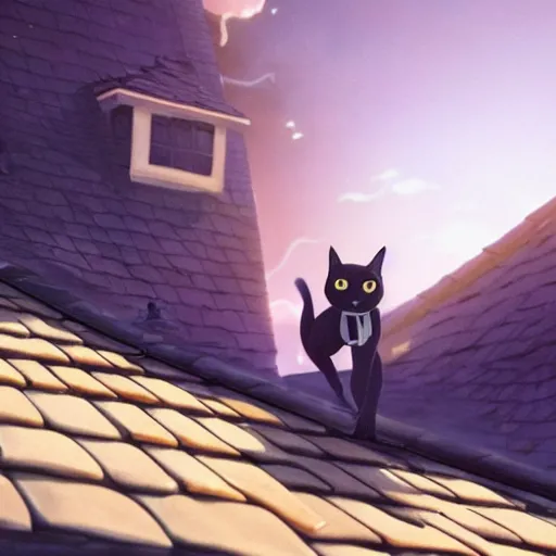 Image similar to a wholesome animation key shot of a black cat walking in the edge of a roof with tiles, medium shot, studio ghibli, pixar and disney animation, sharp, rendered in unreal engine 5, anime key art by greg rutkowski, bloom, dramatic lighting