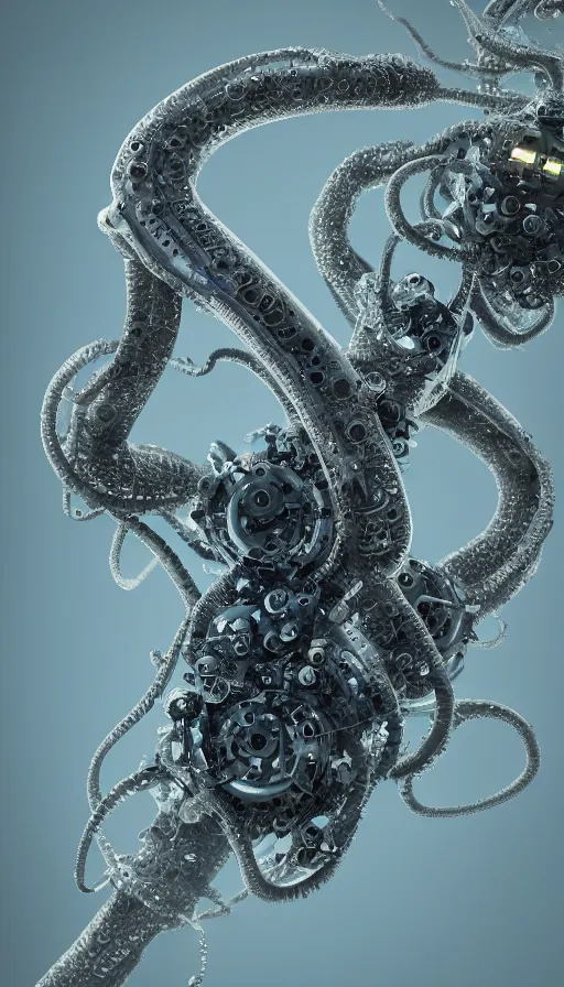 Image similar to a single bio mechanical tentacle, robotic but also organic, made up of lots of small parts, wet, shiny, horror, clinical, octane render, 8k, hyper realistic, super detailed