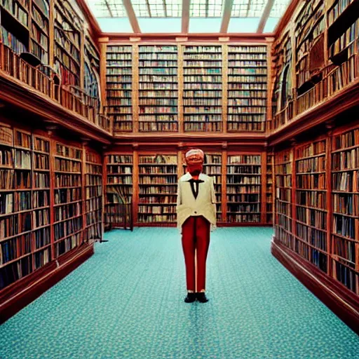 Prompt: Symmetric Wes Anderson film still in a massive library without people. Establishing shot. Architecture. 8k resolution. Pastel. Sharp. Whimsical. Symmetry. Stunning.