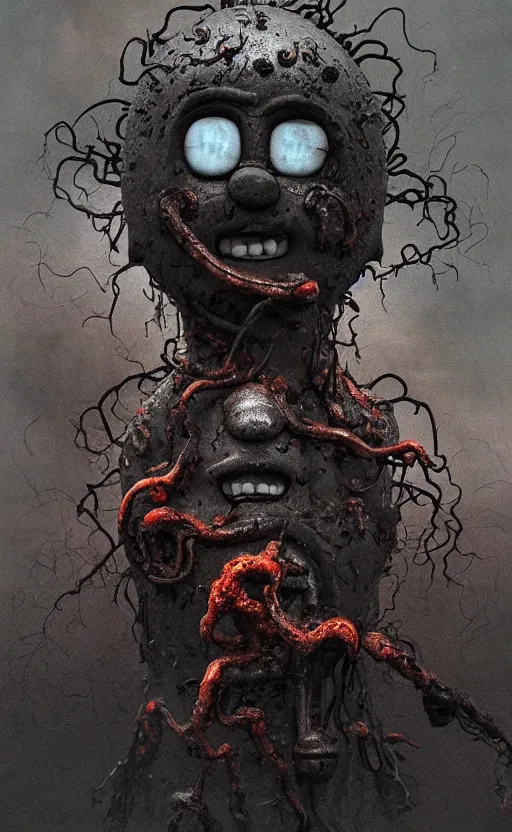 Image similar to thomas the tank engine in style of zdzisław beksinski, extremely dramatic lighting, 8 k, tendrils, black, darkness, black slime tendrils, infected, rust, body horror, thomas the train, thomas the tank engine face, horror,