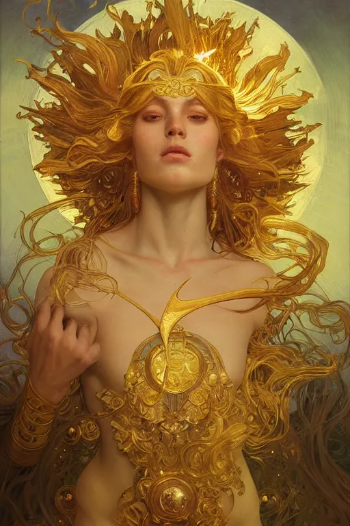 Prompt: god of sun, gold hair, gold eyes, tanned skin, fantasy, intricate, highly detailed, digital painting, artstation, concept art, smooth, sharp focus, art by art by Artem Demura and Alphonse Mucha, ArtGerm, valentina remenar, ruan jia