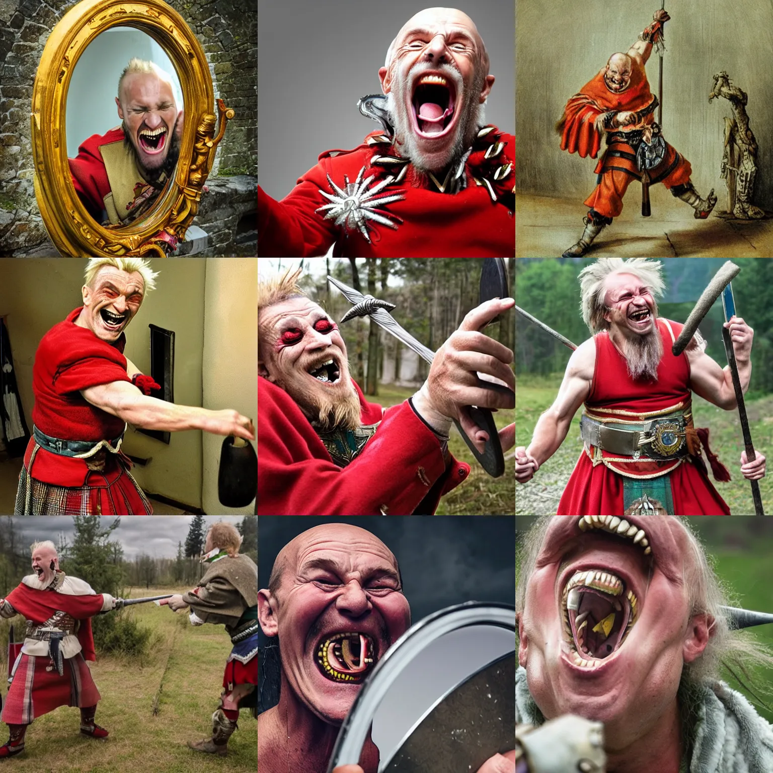 Prompt: Polish highlander laughing maniacally at the sight of a mirror