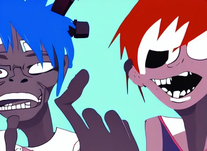 Prompt: 2 d from gorillaz playing a keyboard, blue hair, gorillaz style, jamie hewlett, animated music video screenshot