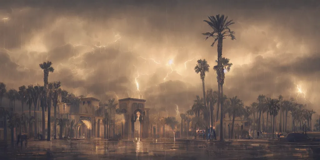 Image similar to thunderstorm in marrakech, palm trees, lightning, tsunami, flying vehicles, moroccan mosque, wlop, james jean, tom bagshaw, rococo, trending on artstation, fantasy, intricate, elegant, highly detailed, digital painting, concept art, smooth, illustration, cinematic lighting, hyper realism, octane render, 8 k, hyper detailed.