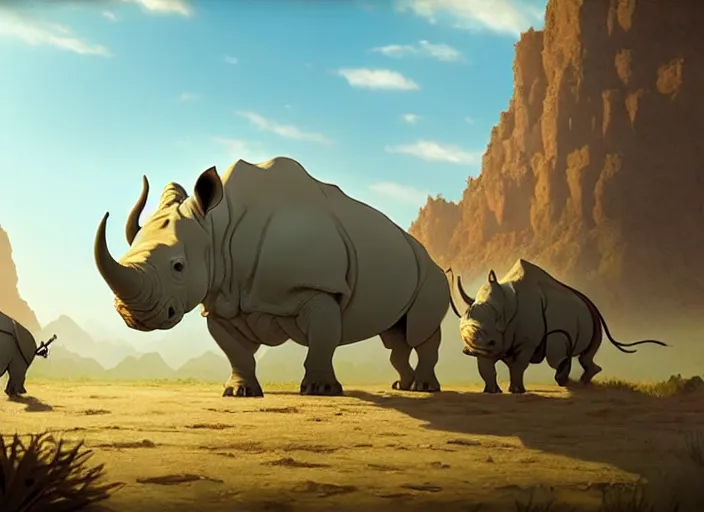 Image similar to the big large expedition with a lot of explores, warriors and adventurers, being brought by several rhinos carrying things towards the desert of duhnes medium shot, studio ghibli, pixar and disney animation, sharp, rendered in unreal engine 5, anime key art by greg rutkowski, bloom, dramatic lighting