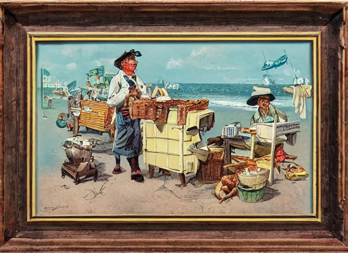 Prompt: storybook illustration of crab sellers, 1 9 5 0 s americana tourism, designed by jean baptiste monge but in lowbrow pop art style, high resolution, fine details, muted colors