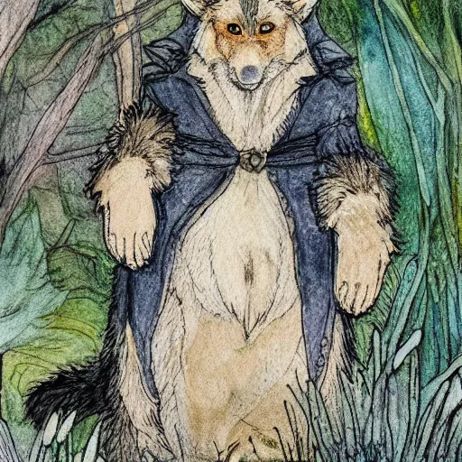 Prompt: werewolf royalty, traditional art, very fine detail and texture, in the style of beatrix potter, watercolor, colored pencil, ink, intricate details