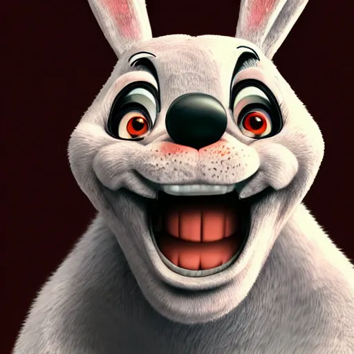 Image similar to A extremely highly detailed majestic hi-res beautiful, highly detailed head and shoulders portrait of a scary terrifying creepy cartoon rabbit evil smiling standing up wearing pants and a shirt in the style of Walt Disney animation