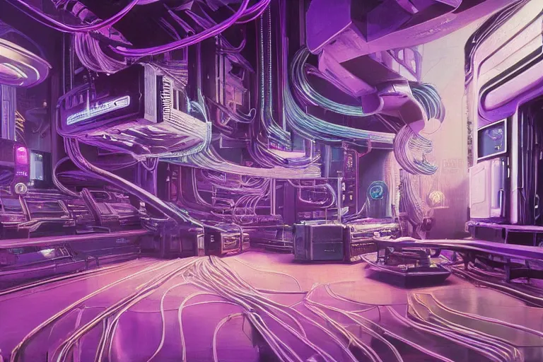 Prompt: A highly detailed rendering of a Cyberpunk room with hologram of a bitcoin messy cables, soft neon purple lighting, reflective surfaces, sci-fi concept art, by Syd Mead and H.R.Giger, highly detailed, oil on canvas