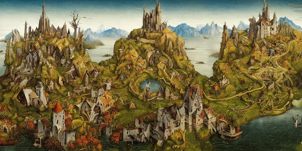 Image similar to beautiful Veduta painting gothic painting of a lively scenic rpg map with lakes, forests, mountain ranges, castles, rivers, hills, villages, flying dragons, surrounded by snowy mountains, by Esao Andrews and Peter Gric and Hieronymus Bosch and De Es Schwertzberger