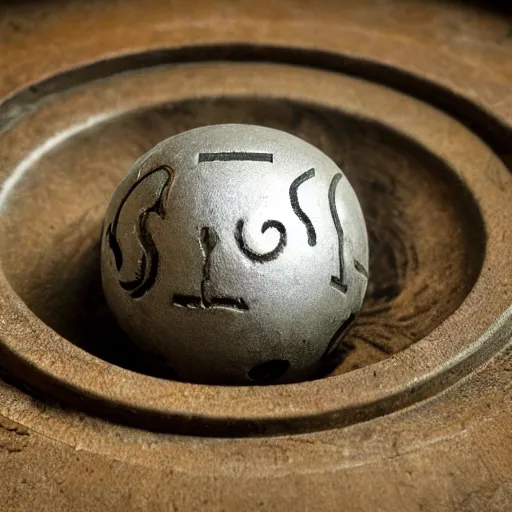 Prompt: an iron ball with weird symbols engraved on it, the ball is on a pedestal. the light enter the room by a hole in the ceiling. closeup. nuclear