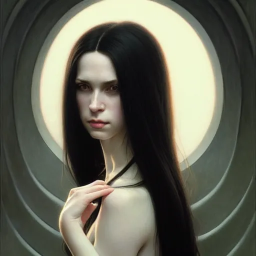 Image similar to portrait of a beautiful, pale skin, female with long black hair, dark, piercing eyes, gentle expression, elegant clothing, photorealistic, highly detailed, artstation, smooth, sharp focus, art by michael whelan, artgerm, greg rutkowski and alphonse mucha