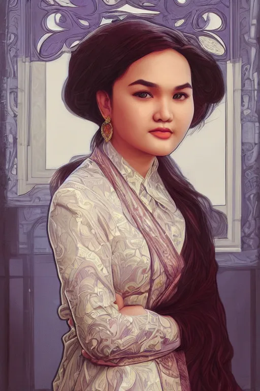 Prompt: portrait of young siti nurhaliza as a lawyer, highly detailed, digital painting, artstation, concept art, sharp focus, illustration, art by kittichai rueangchaichan and james gurney and alphonse mucha