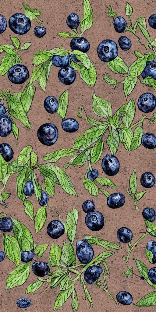 Prompt: horizontal medium close-up knee height botanical drawing of bushes with blueberries in a forest. Traditional art. Rustic. Nordic. 4K. Trending on artstation. Bushy. Nature. Artistic.