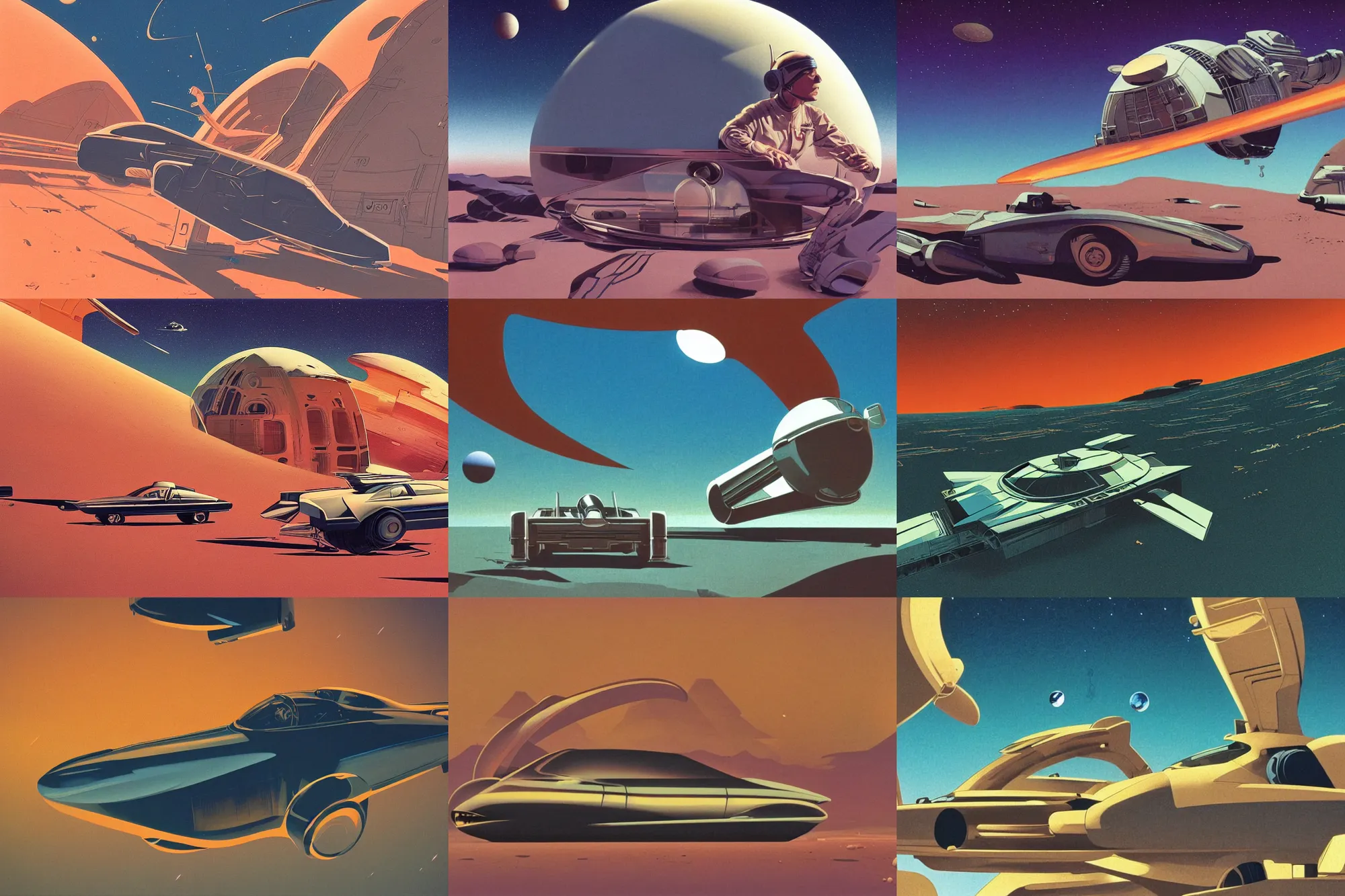 Prompt: Cinestill 800t, 8K, 35mm; beautiful ultra realistic minimalistic syd mead in space(1950) film still desert scene, 2000s frontiers in retrofuturism fashion magazine September moebius edition, highly detailed, extreme closeup three-quarter scene, tilt shift LaGrange point orbit background, three point perspective, focus on model car;sunflare;back to camera, soft lighting