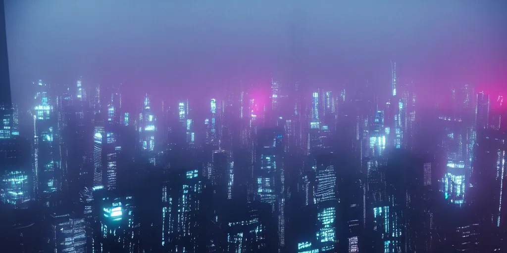 Image similar to megacity seen from above, neon signs, giant screens, eerie fog, blade runner, ex machina