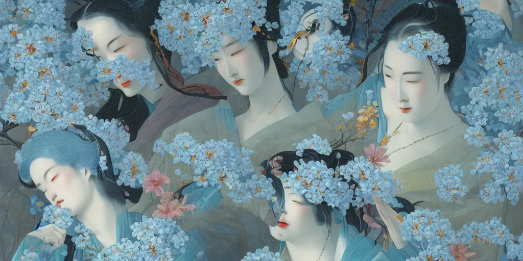 Prompt: breathtaking detailed concept art painting art deco pattern of japanese faces goddesses amalmation light - blue flowers with anxious piercing eyes and blend of flowers and birds, by hsiao - ron cheng and john james audubon, bizarre compositions, exquisite detail, extremely moody lighting, 8 k