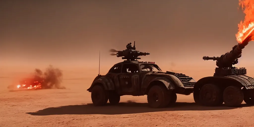 Prompt: a symmetrical, medium shot of Darth Vader standing on a driving armored post apocalyptic battle car in the desert and firing a flamethrower, Mad Max Fury Road, film still, sandstorm, fire, highly realistic, center frame, spikes, flags, dust, 4K anamorphic, sun beams