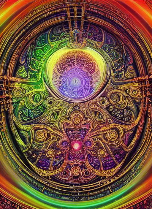 Prompt: a intricate ornate psychedelic image of a stargate opening up to another dimension, digital art by artgerm, alex grey, dan mumford, felix kelly, psychedelic art, psychedelic, fractalism, fractals, sacred geometry, trending on artstation, hyper - realism, highly detailed, cgsociety, octane render, raytracing, 3 d