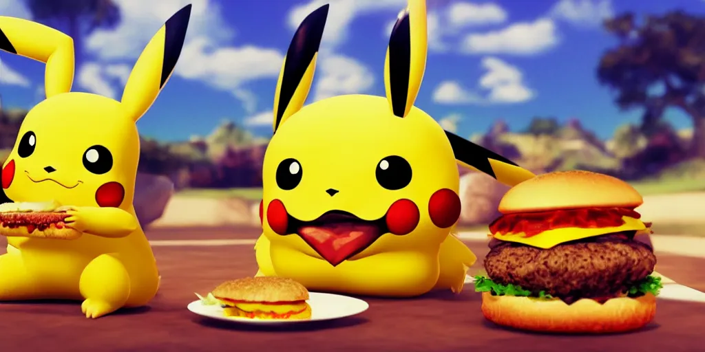 Prompt: Pikachu eating a hamburger, digital art, highly detailed, hyper realistic, unreal engine 5, trending on artstation, 4k uhd, epic composition