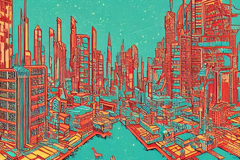 Prompt: a colorful woodcut print of a retro futuristic city, trending on artstation