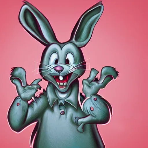 Prompt: A extremely highly detailed majestic hi-res beautiful, highly detailed portrait of a scary terrifying creepy cartoon rabbit standing up wearing pants and a shirt in the style of Walt Disney animation, high textures, hyper sharp, 8k, insanely detailed and intricate