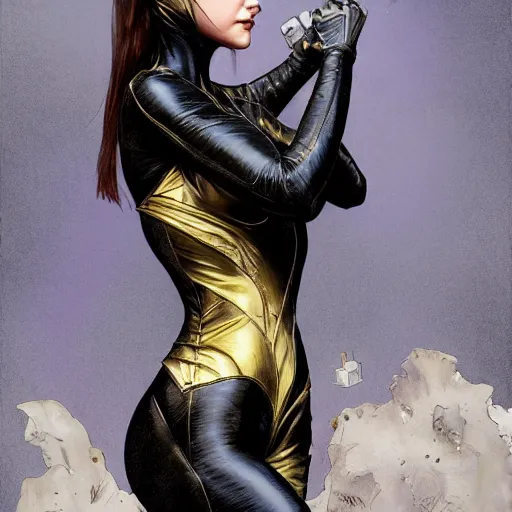 Image similar to Erin Moriarty as Cat Woman, highly detailed, digital painting, artstation, concept art, smooth, sharp focus, illustration, ArtStation, art by artgerm and greg rutkowski and alphonse mucha and J. C. Leyendecker and Edmund Blair Leighton and Katsuhiro Otomo and Geof Darrow and Phil hale and Ashley wood and Ilya repin and Charlie Bowater