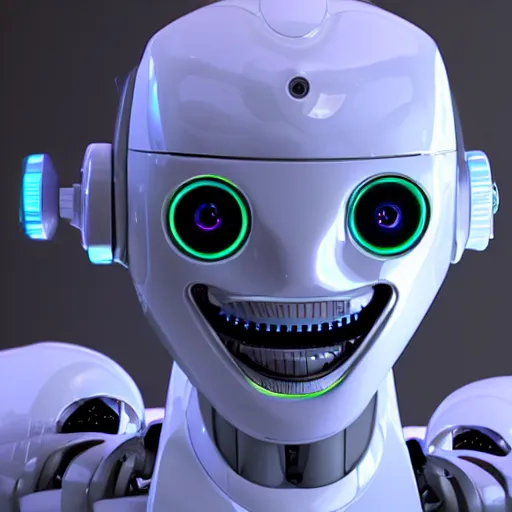 Prompt: evil artificial super intelligence robot smiling after taking over the world, looking at the camera