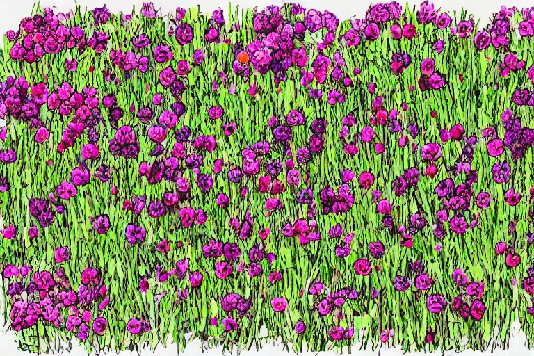 Image similar to in the style of neurographic drawing of a field of flowers