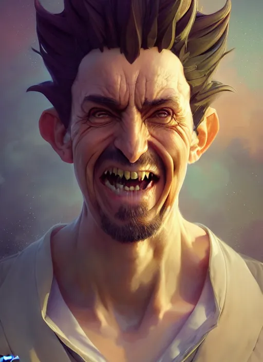 Image similar to symmetry, concept art by artgerm, distance portrait of a hyper realistic, happy, rick sanchez by greg rutkowski, alphonse mucha, octane render, highly detailed, high quality, 8 k, soft lighting, path traced, and uang guangjian and gil elvgren, symmetry!!