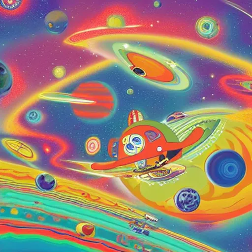 Image similar to a beautiful computer art of a space battle with wild, bright colors. navajo white by nathan spoor, by richard scarry subdued