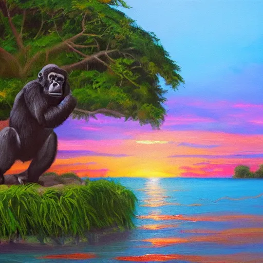 Image similar to oil painting of a gorilla standing on a small island surrounded by shallow water and trees at sunset, trending on artstation