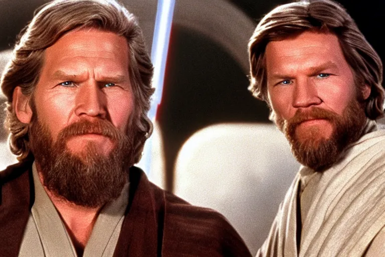 Prompt: film still of Jeff Bridges as Obi Wan Kenobi Star Wars 1977