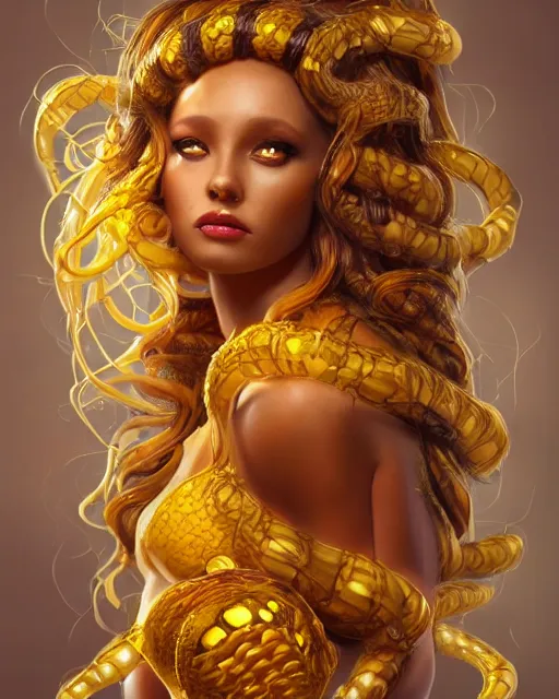 Prompt: beautiful medusa as honey, made of honey, wearing honey - themed miniskirt, award winning creature portrait photography, extremely detailed, artstation, 8 k, sensual lighting, incredible art, wlop, artgerm, backlit, rim lighting, hi - fructose