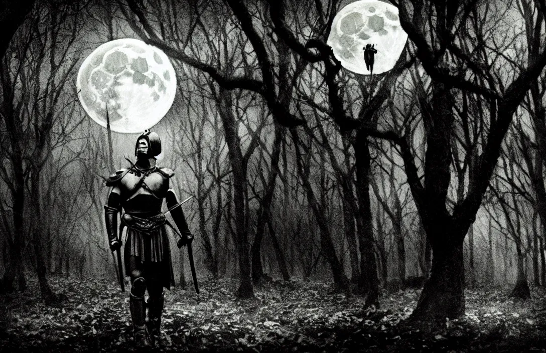 Prompt: balanced composition has its own distinctive quality quite unlike any other rebirth of classical culture mounted warrior intact flawless ambrotype from 4 k criterion collection remastered cinematography gory horror film, ominous lighting, evil theme wow photo realistic postprocessing moon visible through the trees directed by kurosawa