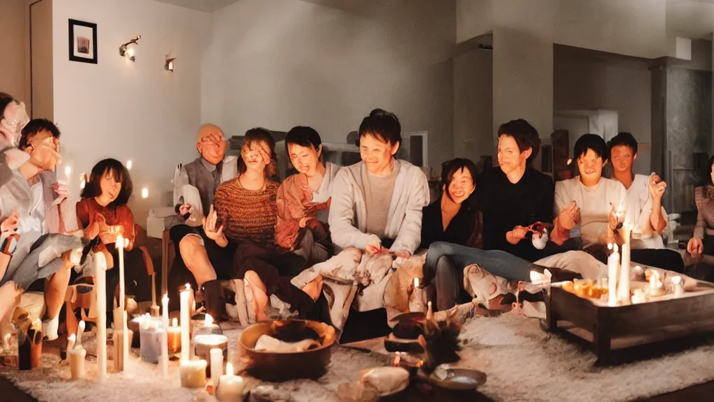 Prompt: people at a cozy party at midnight, modern indoors, bay area, candles, hot tub, by studio ghibli