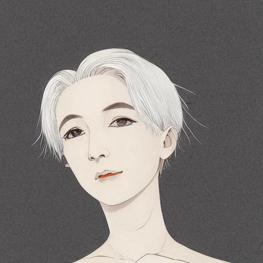 Prompt: portrait of a woman with short white hair, medium shot, illustration, highly detailed, high quality, by ryunosuke akutagawa