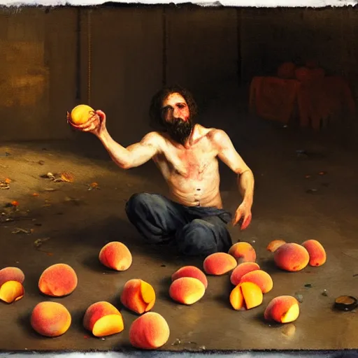 Image similar to feral man eating peaches in a factory, hunched over, mild mild impressionism, factory background, sharp colors, by greg rutkowski and asher duran